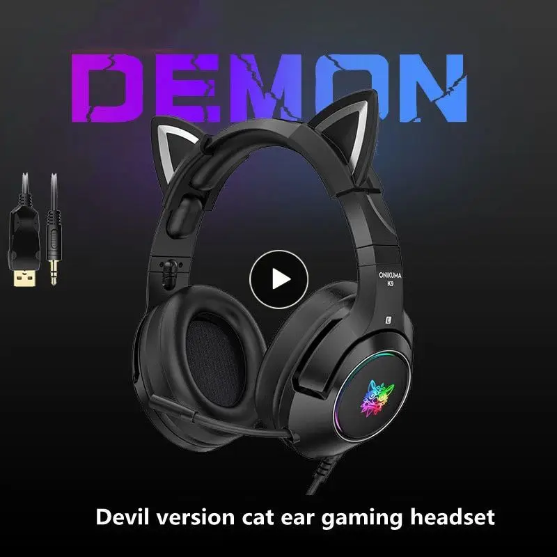 

New K9 black demon version cat ear gaming headphones with mic RGB luminous mobile phone computer noise reduction headset