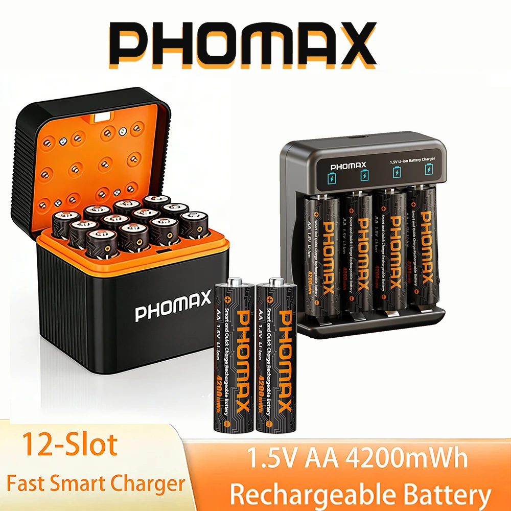 

PHOMAX 2-32PC Rechargeable Lithium Battery 12-Slot Smart Fast Charger 1.5V AA 4200mWh Batteries For Headlight Toy Car Multimeter