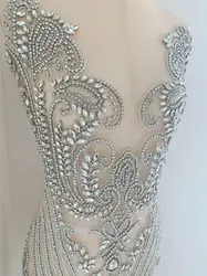 Large Silver Rhinestone Applique,Crystal Beaded Dress,Collar,Nackline Patch for Couture,Wedding Bodice Decor,Stage Performance