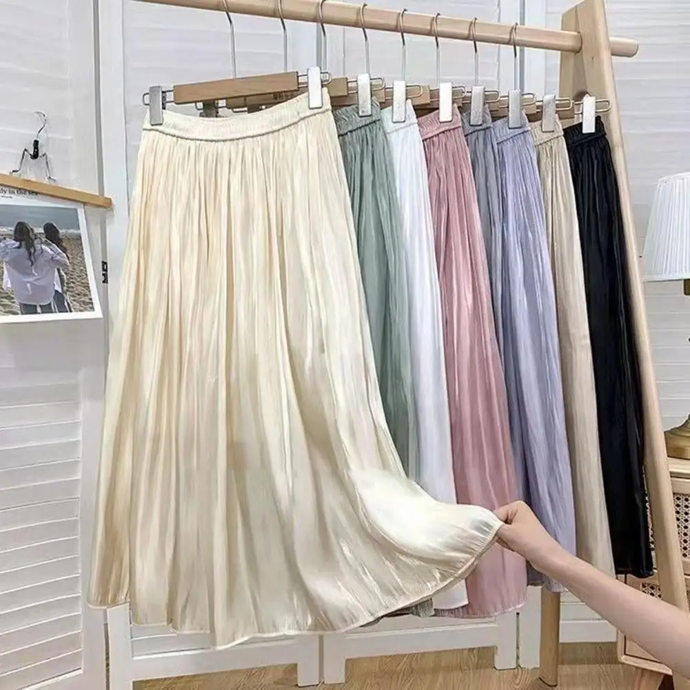 Women Spring Autumn Elegant Chic Solid Pleated Skirt High Waist Luxury Fashion With Elastic Female Glossy Chiffon Satin Skirt