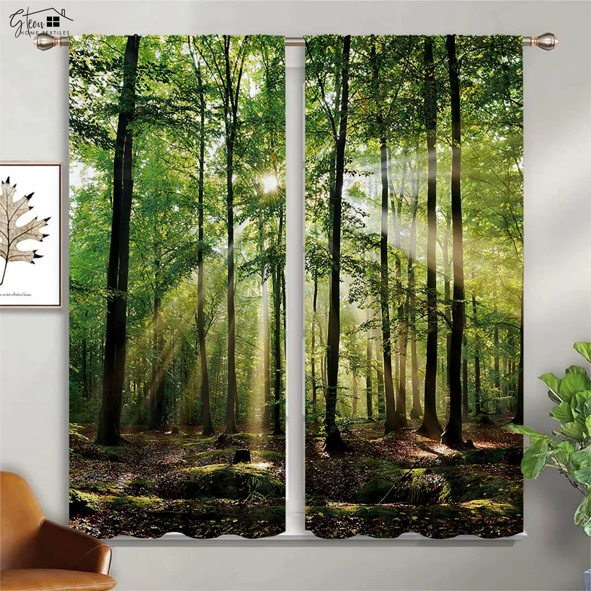 Forest Scenery Decorative Curtains Green Woods Sunshine Natural Aerobic B&B Hotel Bedroom Living Room 3D Printing Curtains 2PCS