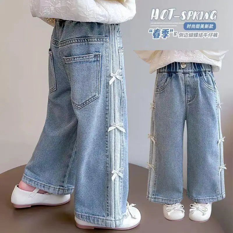 Fashion Children's Straight Wide-Leg Trousers Toddler Casual Clothing New Girls Bow Jeans Kids Spring Autumn Loose Long Pants
