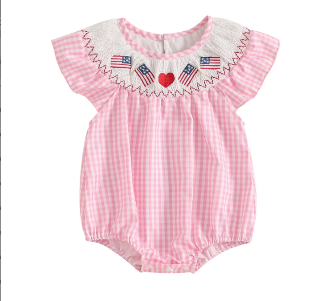 Ready To Ship 4th Of July Flag Pattern Smocked Small Flying Sleeve Plaid Toddler Onesie Wholesale