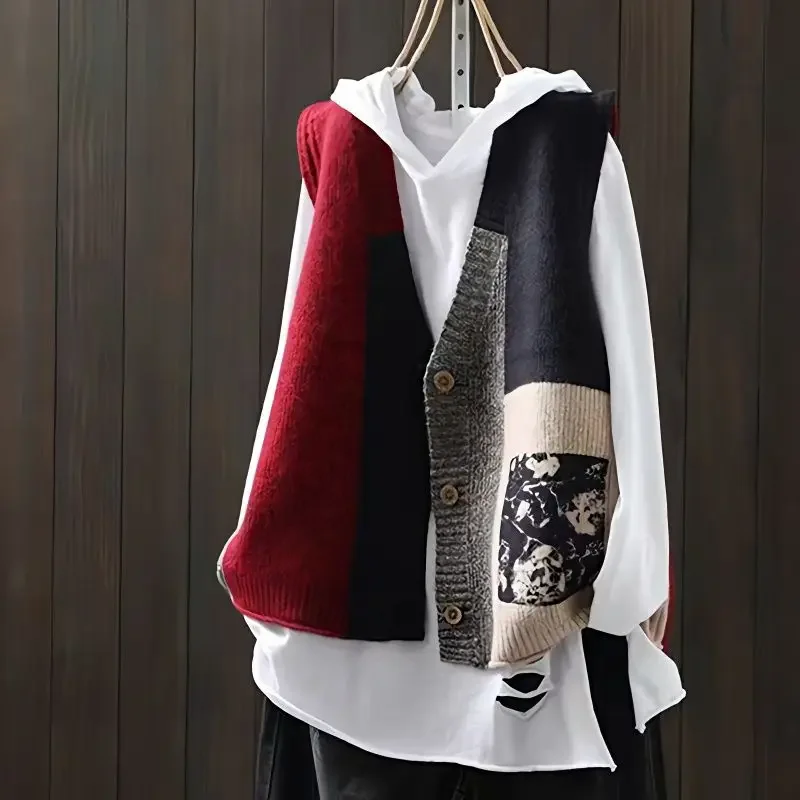 Spring and Autumn Women\'s Cardigan V-neck Sleeveless Button Print Panel Vintage Knitted Vest Fashion Casual Sweater Tank Tops