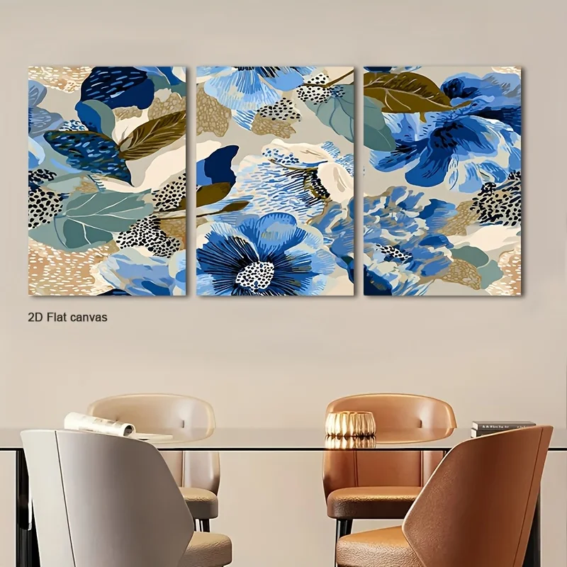 Frameless canvas 2D Flat, 2D Flat, 2D Flat Set of Three 2D Flat Canvases Featuring a Blue And Tan Floral Design with a Dotted