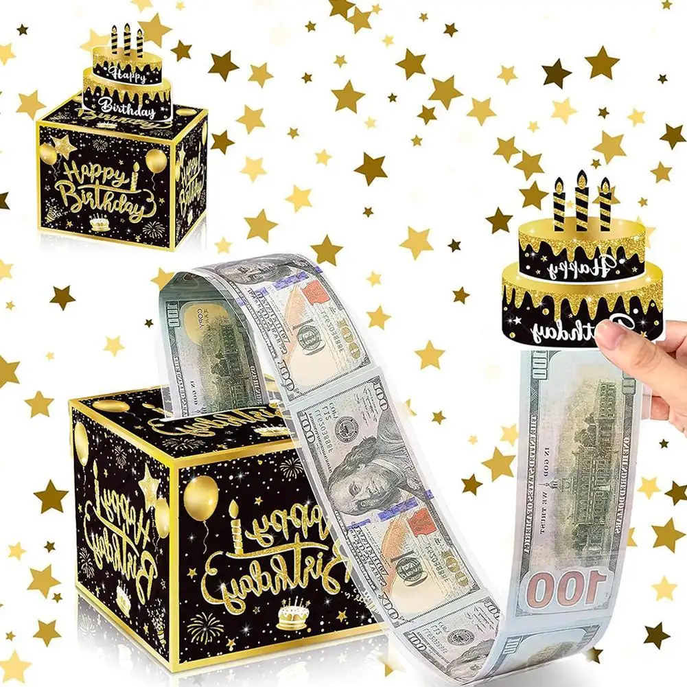 Birthday Money Box For Cash Gift Pull 4-color Options Banknote Roll-up Surprise Box Party Decoration With Cake Card For Friends