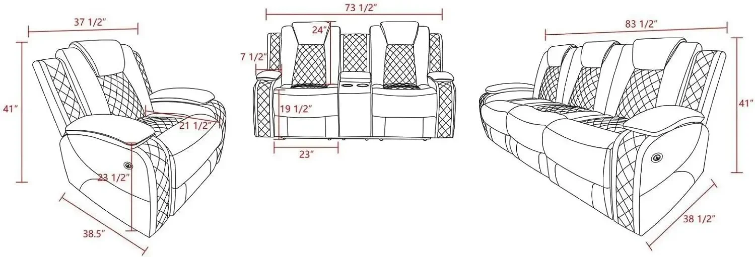 Multifunction Power Air Leather Recliner Sofa Set with LED Lights, Living Room Furniture, Reclining Sofa, loveseat, Chair with