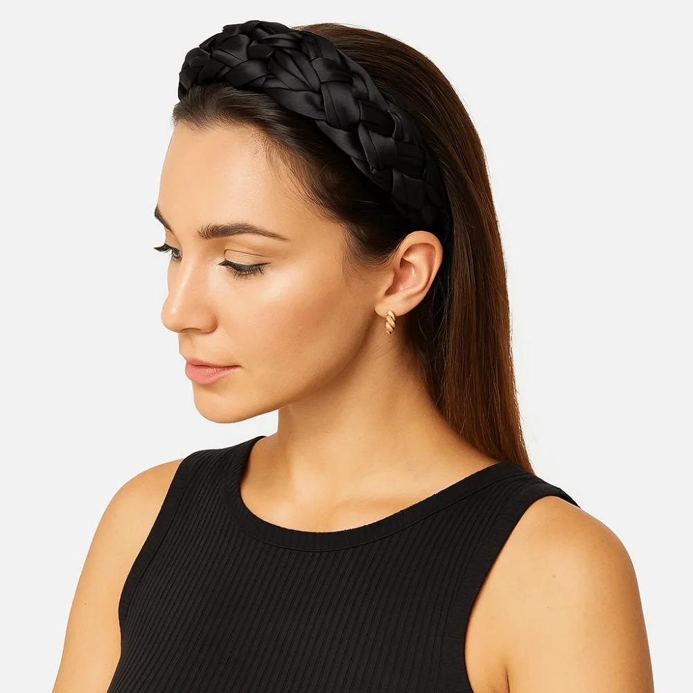 

Fashion Satin Braided Hairband Padded Design Thickened Black Headband Wide Korean Style Women Head Hoop Headdress