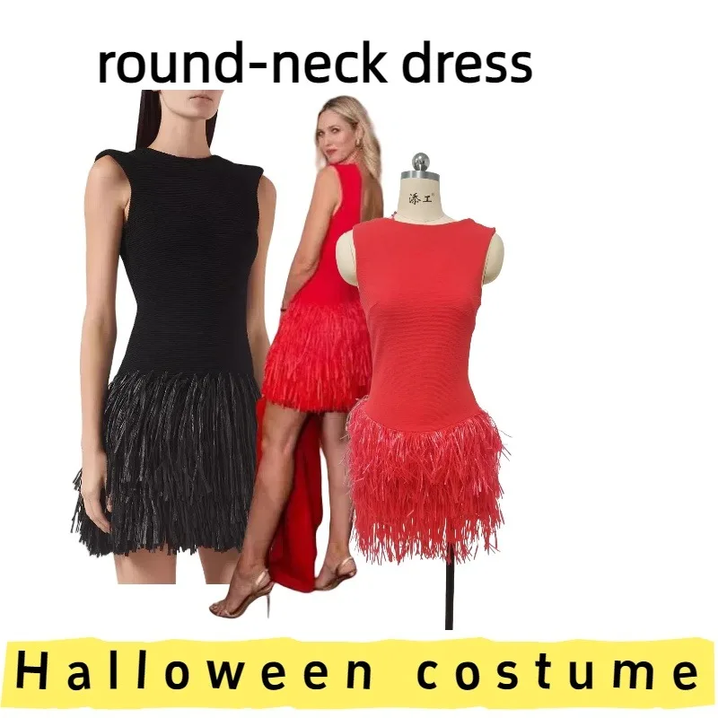 

European American Women's Crew Neck Sleeveless Round Hem Party Dress for Weekend Parties Evening Gatherings Formal Events