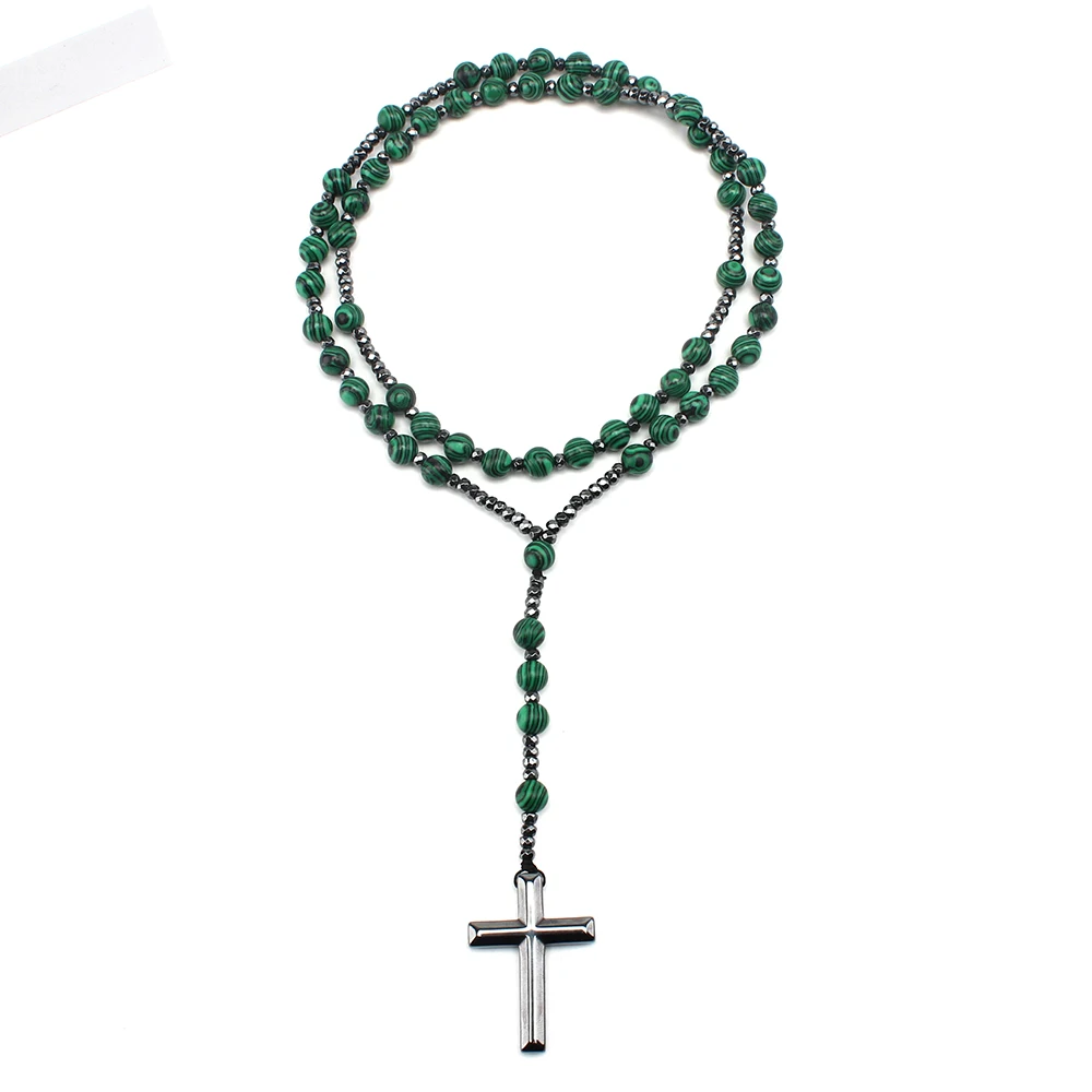 8mm Green Round Beads Cross Pendant Necklace for Men and Women N047