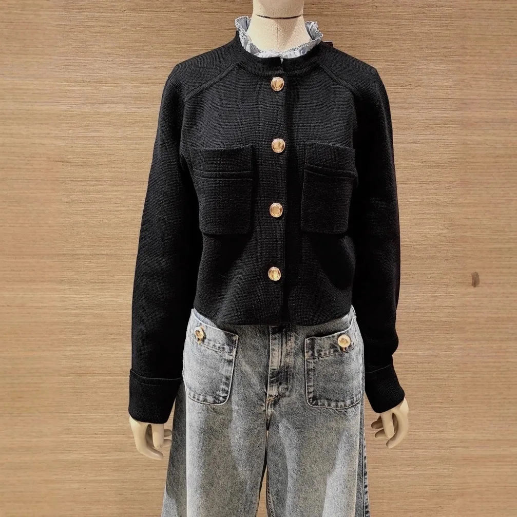 

2025 autumn and winter women's new long-sleeved cardigan single-breasted lace decoration office ladies elegant tops