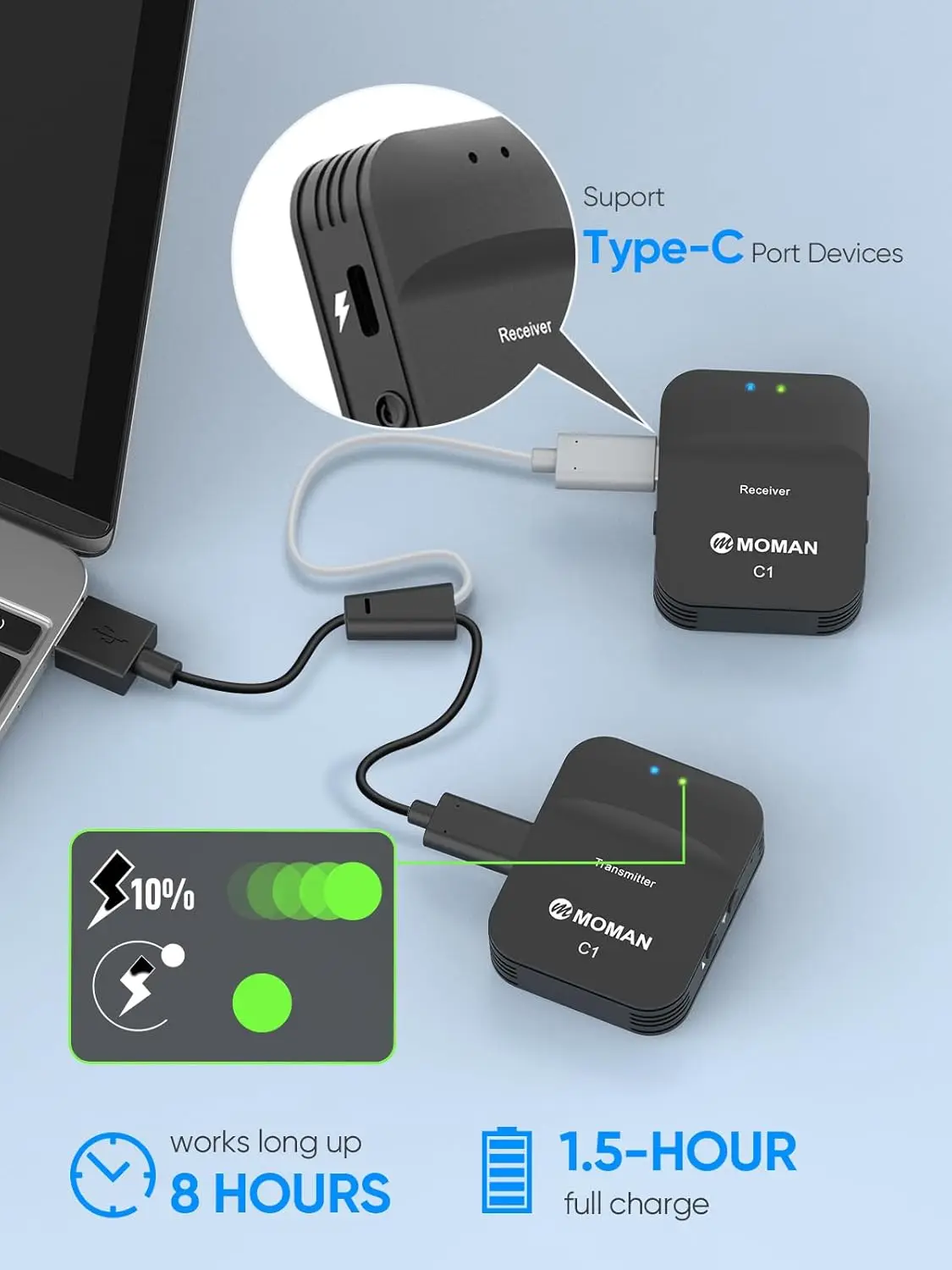 ميكروفون Moman اللاسلكي Lavalier 2.4 جيجا هرتز نظام ميكروفون لاسلكي مدمج لإلغاء الضوضاء وعمر بطارية 8 ساعات