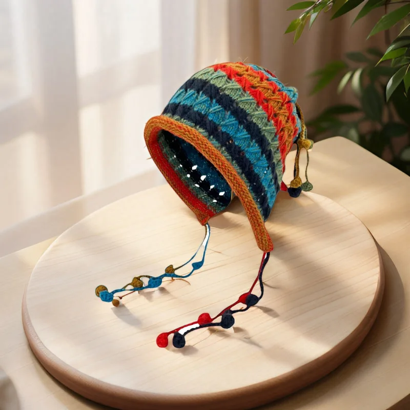 Korean fashion designer handmade crochet colored ball yarn hat for children\'s autumn and winter tie tassel pullover cold hat