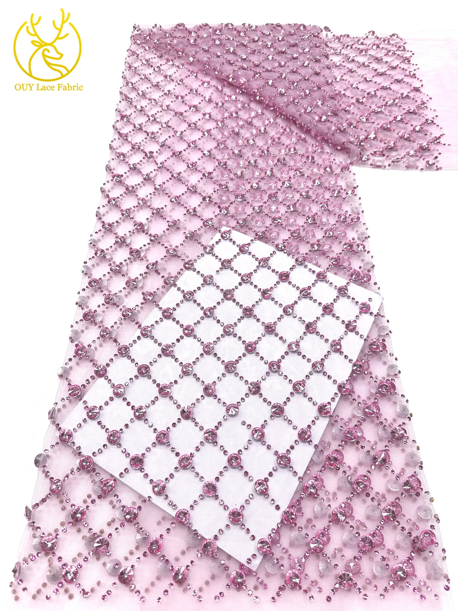 Hochwertiger, maßgefertigter, luxuriöser, handgefertigter Diamant-Mesh-Spitzenstoff 2026 – Afrikanischer Spitzenstoff, nigerianischer Stein-Tüll-Spitzenstoff für Partykleider zum Nähen – Detail 11