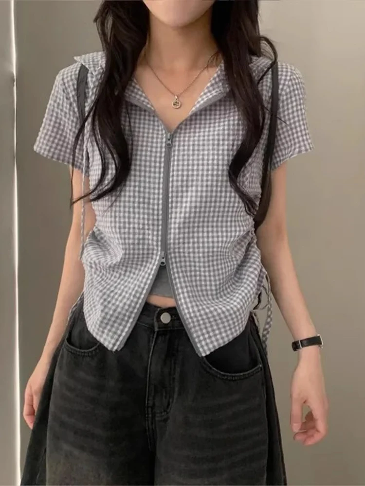 Retro xadrez csa com capuz jaqueta fena verão novo design cordão cintura curto topo material de aodão manga gola flip