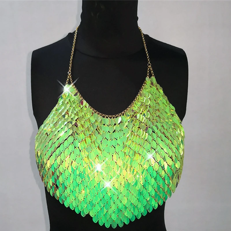 Sexy Mode Zeegezicht Camis Bling Lovertjes Vrouwen Tank Top Halter Backless Mouwloze Crop Tops Sexy Dames Rave Festival Party