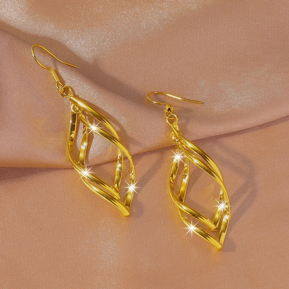 European and American 9999 24K Real Gold Creative 24k Gold Double Swirl Buckle Long Earring Simple Accessories Earrings