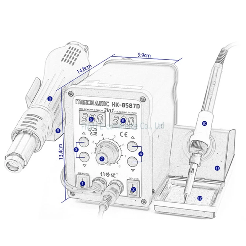 Solder Station Smd Rework Station MECHANIC HK-8587D Hot Air Gun Soldering Station 2 in 1 LED Quiet Desoldering Lead-Free Repair