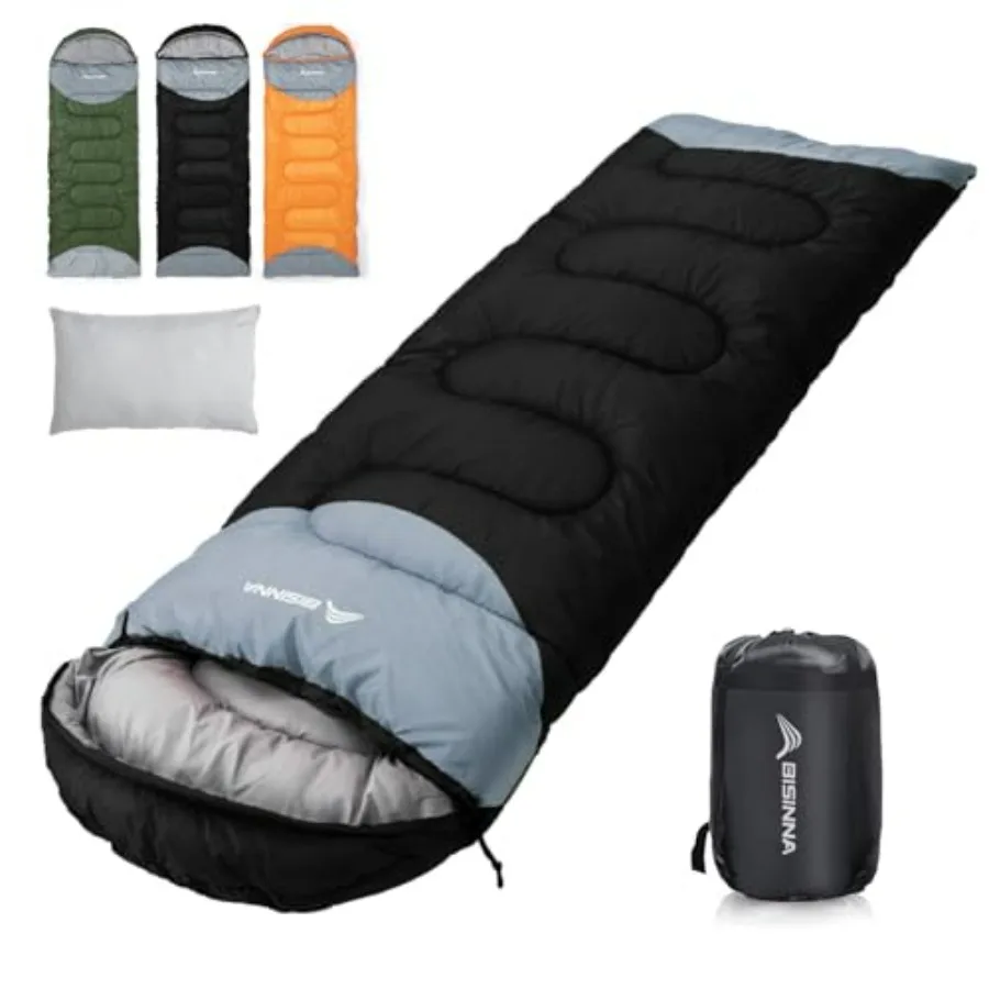

Winter camping sleeping bag for adults, 480GSM polyester, black, ultra-warm 0C rated with integrated pillow and compression sac