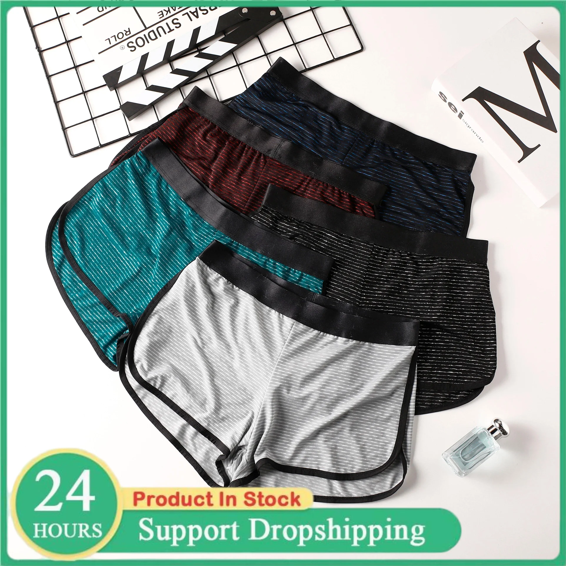 Summer Men's Ice Silk Boxer Shorts, Breathable Striped Home Shorts, Cool Feeling, Silky Smooth, Skin Friendly Elastic Underwear