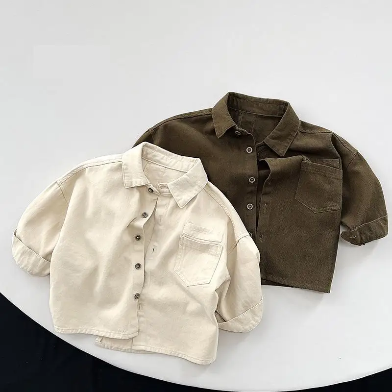 

Children Boys Vintage Simple Long Sleeve Shirts Coat Autumn New Baby Girls Fashion Cotton Clothes Kids Casual Cardigan Jacket