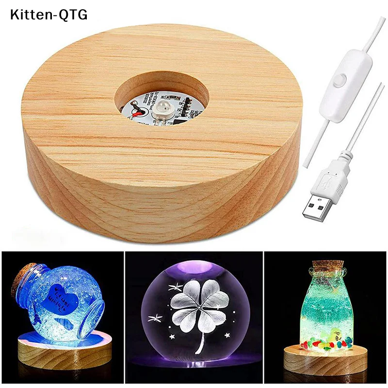 HOT！NEW 10cm Wood Light Base Rechargeable Wooden LED Light Rotating Display Stand Lamp Holder Lamp Base Art with Power adapter