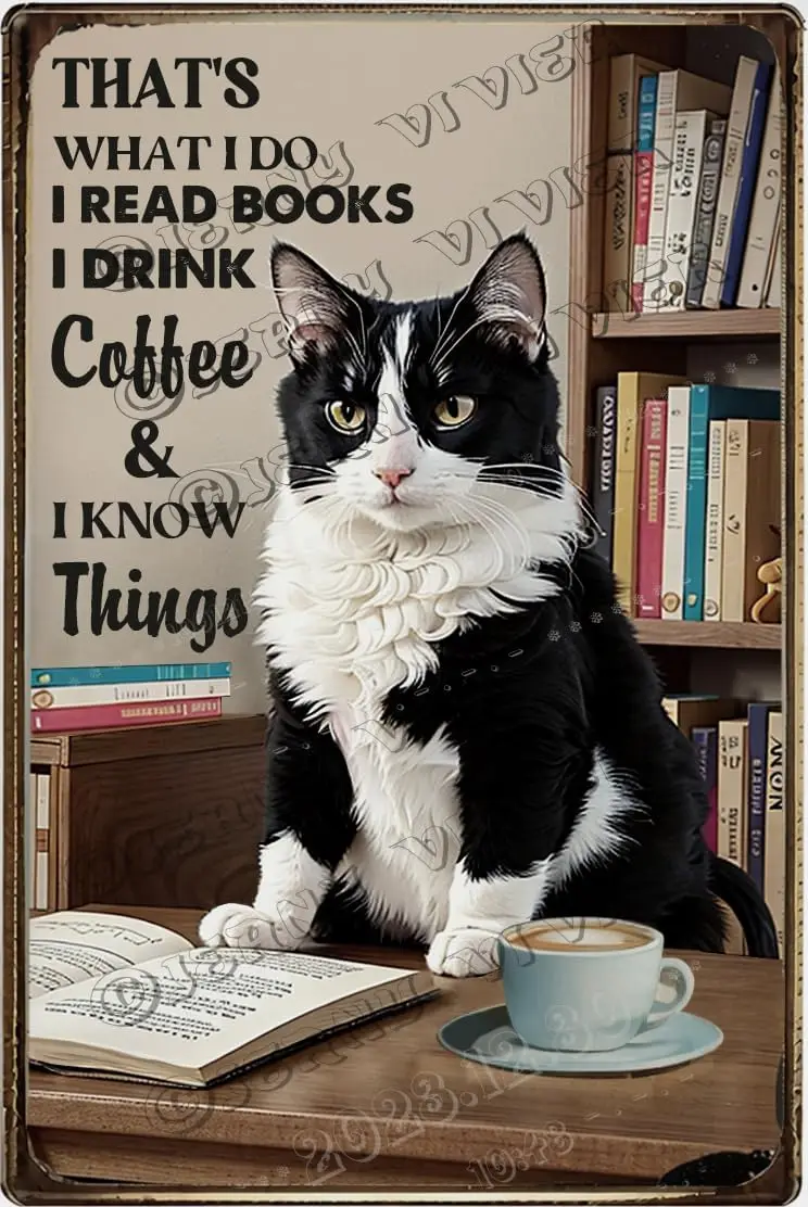 That;s What I Do I Read Book I Drink Coffee and I Know Things Tuxedo Cat Aluminum Sign 5.5x8 Inch Vintage Cat Sign Cat Wall Deco
