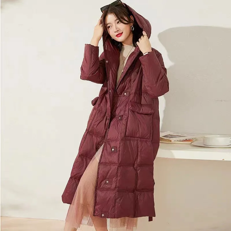 New Winter Female 90 White Duck Down Hooded Jacket Women Casual Loose Long Jacket Female Outwear Feather Snow Down Overcoat