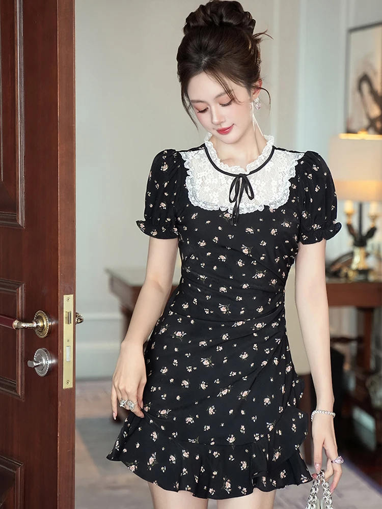 フレンチコーヒーブレイクレースパッチワーク黒花柄ドレスガーリッシュかわいいかわいい弓ショートガウン女性ストリートデート Vestidos 日常着
