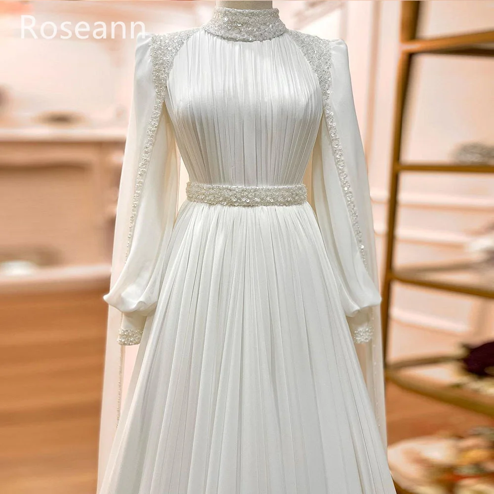 ที่กําหนดเองมุสลิมสูงงาช้าง A-Line ชุดแต่งงาน Paillette พับ Draped จีบเข็มขัดชุดเจ้าสาว Robe de mariée 2025