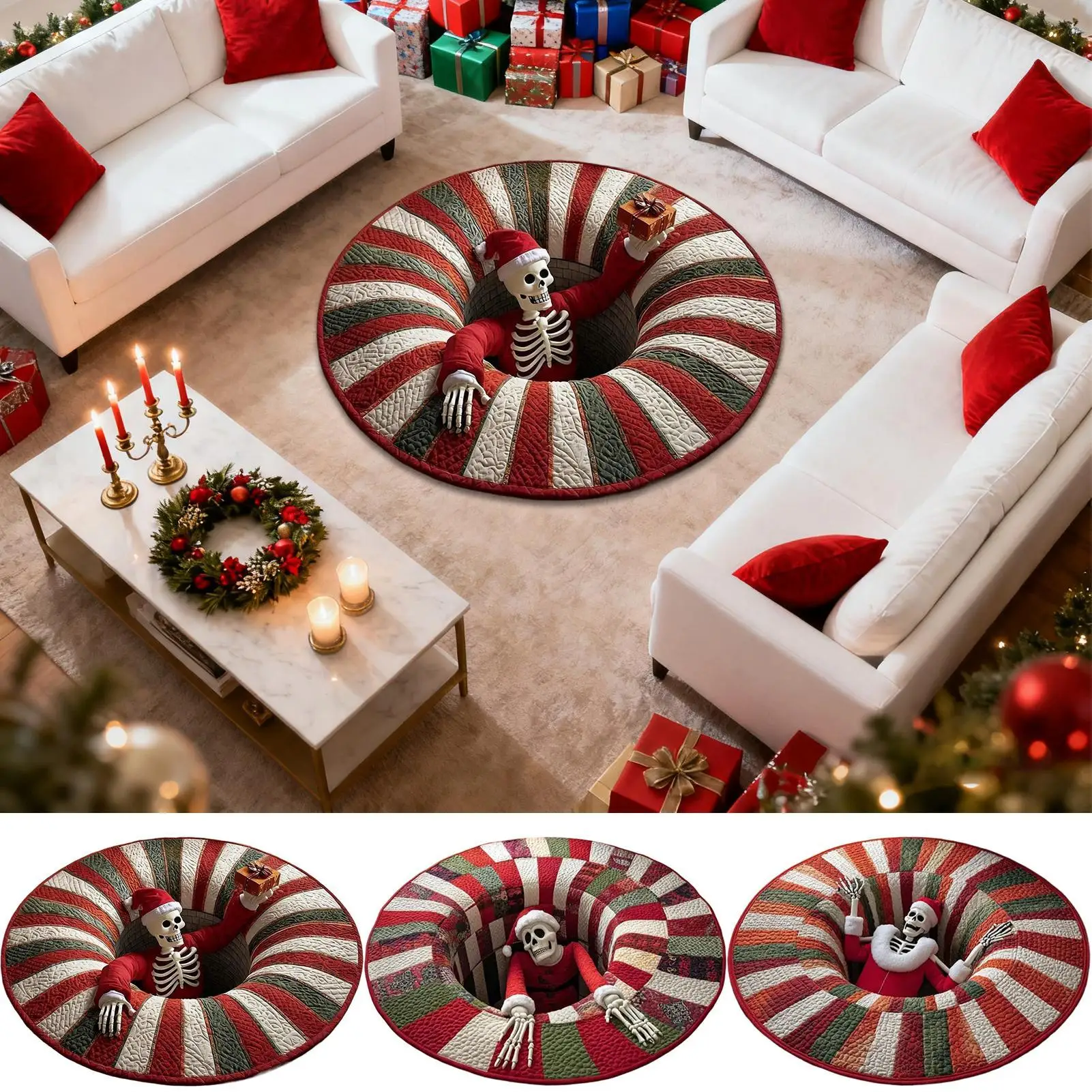 3D Rugs Optical Illusion Christmas Home Decor Skeleton Round Quilted Holiday Bathroom Carpet For Kitchen Entryway Entrance