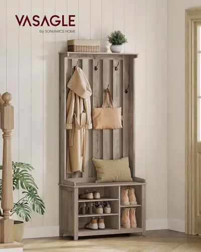 Hall Tree with Bench and Shoe Storage, Coat Rack with Shoe Bench, 7 Double Hooks for Jackets, Hats, Entryway, Bedroom