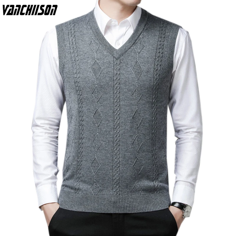 

Men Basic Wool Knit Tank Sleeveless Jumpers V Neck Sweater Pullover for Autumn Winter England Style Fashion 00267