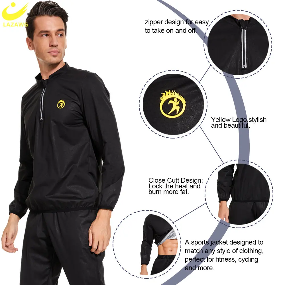 LAZAWG Men Sauna Jacket Sweat Top for Weight Loss Suit Slimming Shirt Fat Burner Body Shaper Exercise Sport Fitness Workout Gym