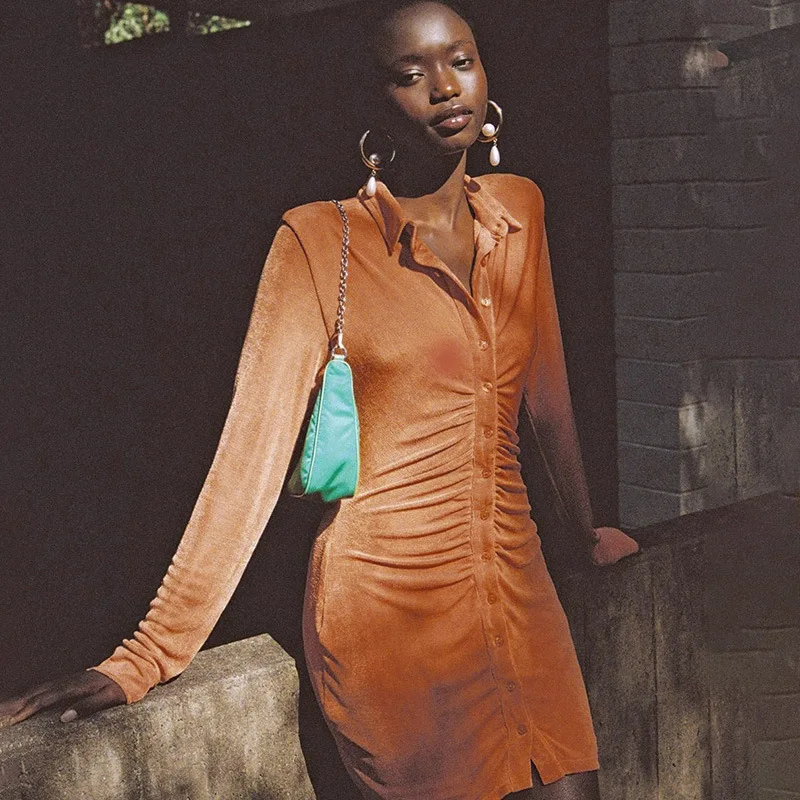 

Ele Slim Fit Irt Collar Dress со складками Long Sve средней длины Faionable Женская офисная одежда Dr Sli