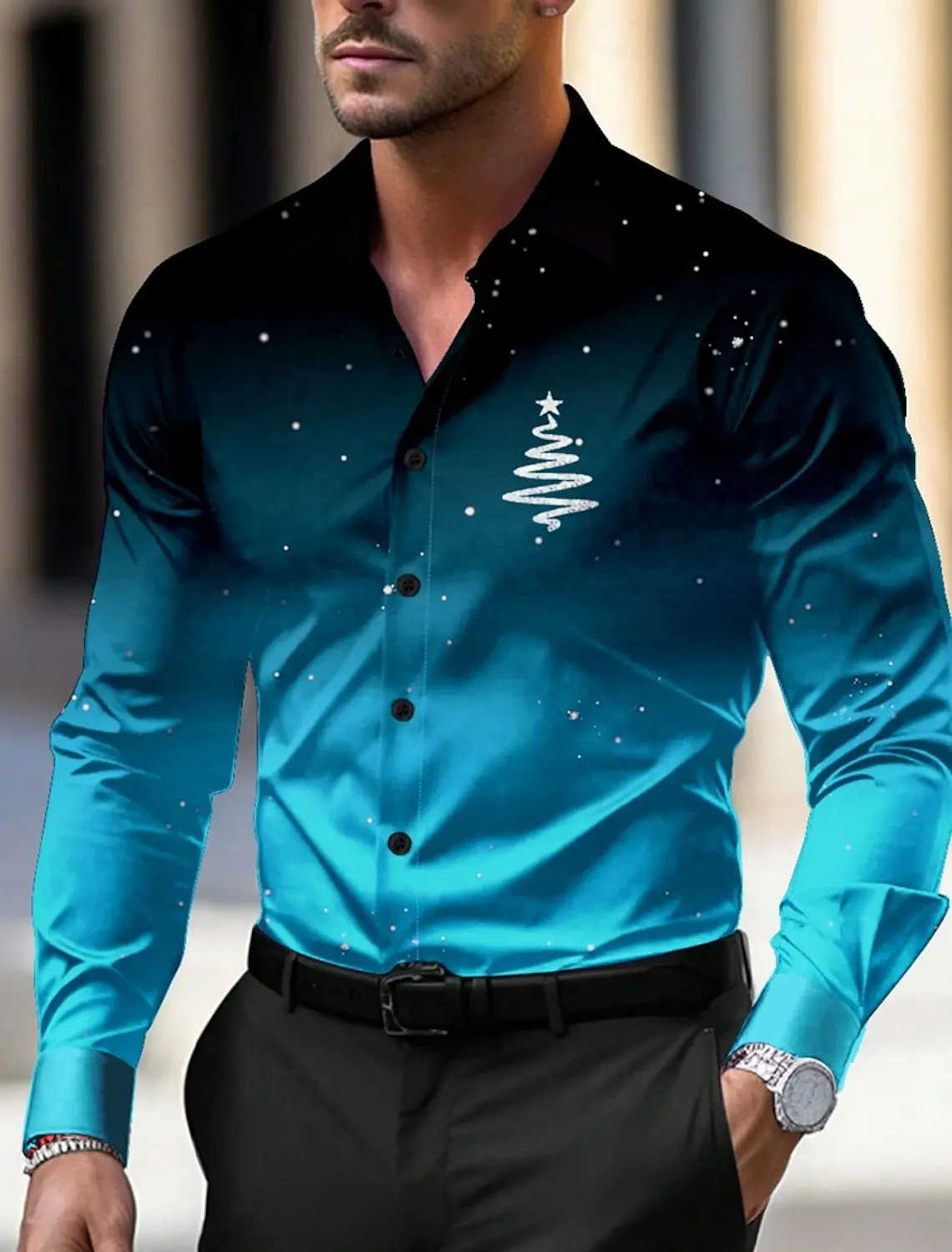 Christmas Theme Men's Christmas Trees Logo Printed Shirts Snowflake Gradient Graphics Button Up Long Sleeve Shirts Fashion Tops