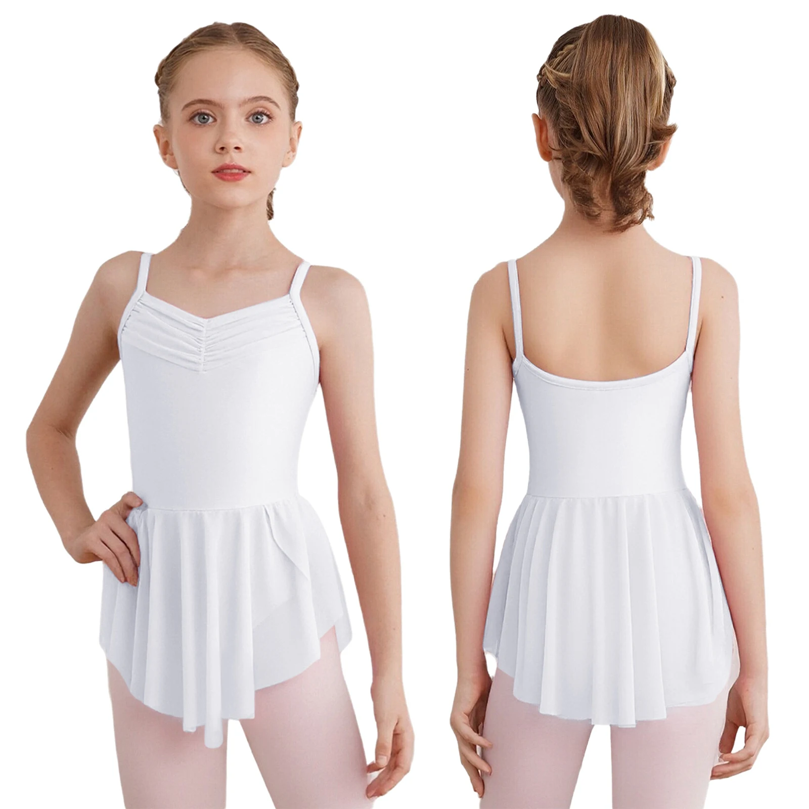 Teen Girls Ballet Dance Tutu Dress V-Neck Spaghetti Straps Leotard for Ballerina Yoga Skating Gymnastics Practice Performance