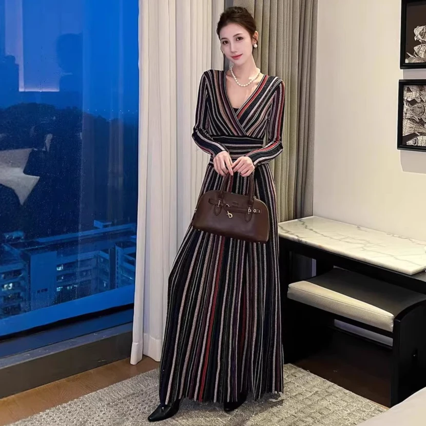 Black Multi-Striped Ribbed Knit Surplice V-Neck Long Sleeve Maxi Dress Stretchy Wrap Dress Elegant Chic Trendy Daily Evening