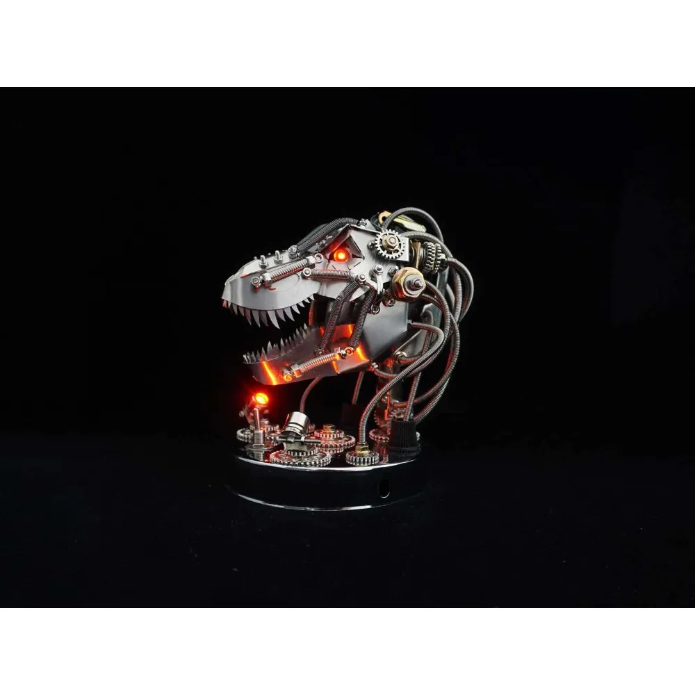 3D Metal Puzzle Mechanical T-Rex Head Model 300+ Pieces DIY Assembly Kit LED Light Up Working Model Adult Hobby Cool Tech Gift