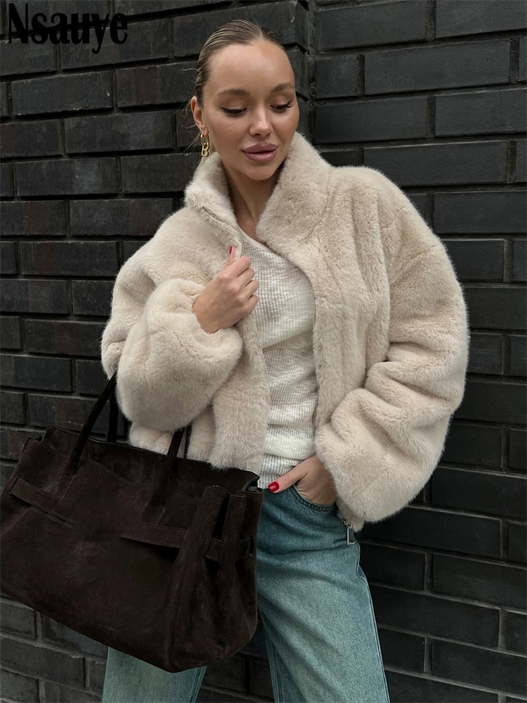 

Nsauye, новая зимняя женская модная укороченная куртка из искусственного меха с длинным рукавом и воротником с лацканами и молнией спереди, женское толстое пальто, верхняя одежда 2025
