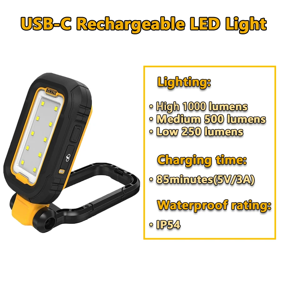 DEWALT DCL182 USB-C Rechargeable LED Light Jobsite Waterproof Dustproof Powerful Work Light with Magnetic Handle Hand Tools