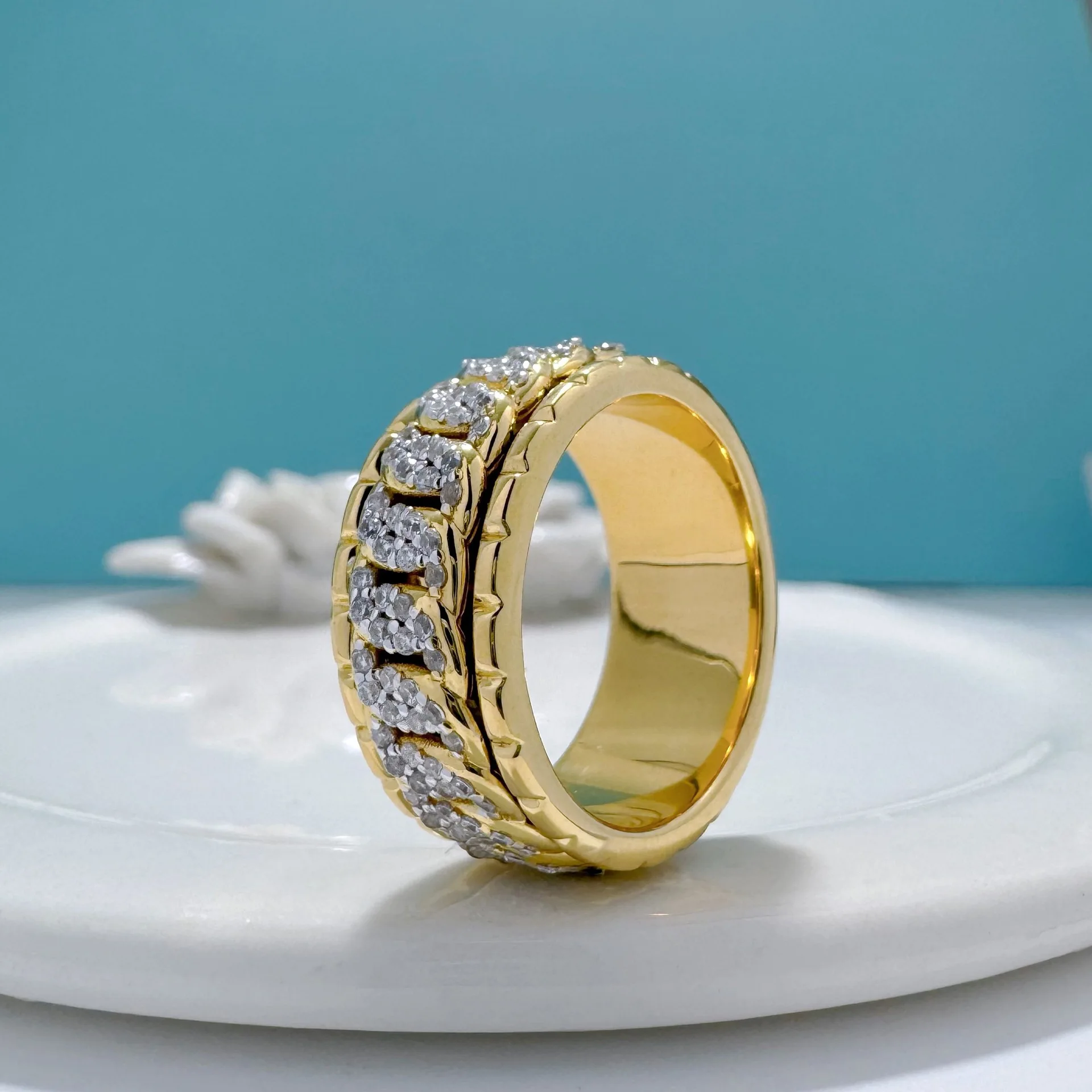 VVS1 Moissanite Rotatable Cuban Chain Twist Ring GRA Certified Pass Diamond Tester 18K Gold Plated Hip Hop Fashion Jewelry Gift For Women