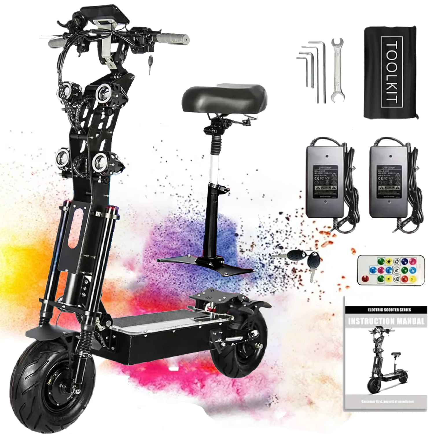 

13-дюймовый электрический скутер с сиденьем, двойной двигатель мощностью 100 Вт, максимальная скорость 65 миль в час, длительный диапазон 75 миль, аккумулятор большой емкости 72 В/40 Ач