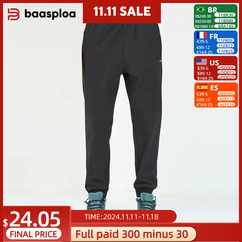 Baasploa New Men's Long Pants Autumn Fashion Solid Color Pocket Jogging Sweatpants Male Casual Drawstring Plush Warm Trousers