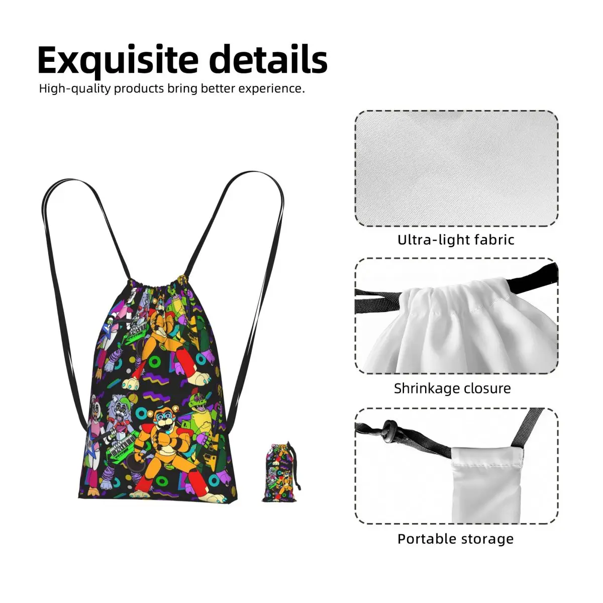 Freddy Fazbear Pizzaplex Performers Drawstring Backpack hiking cycling Bag Portable Travel Drawstring Bag for Men Women