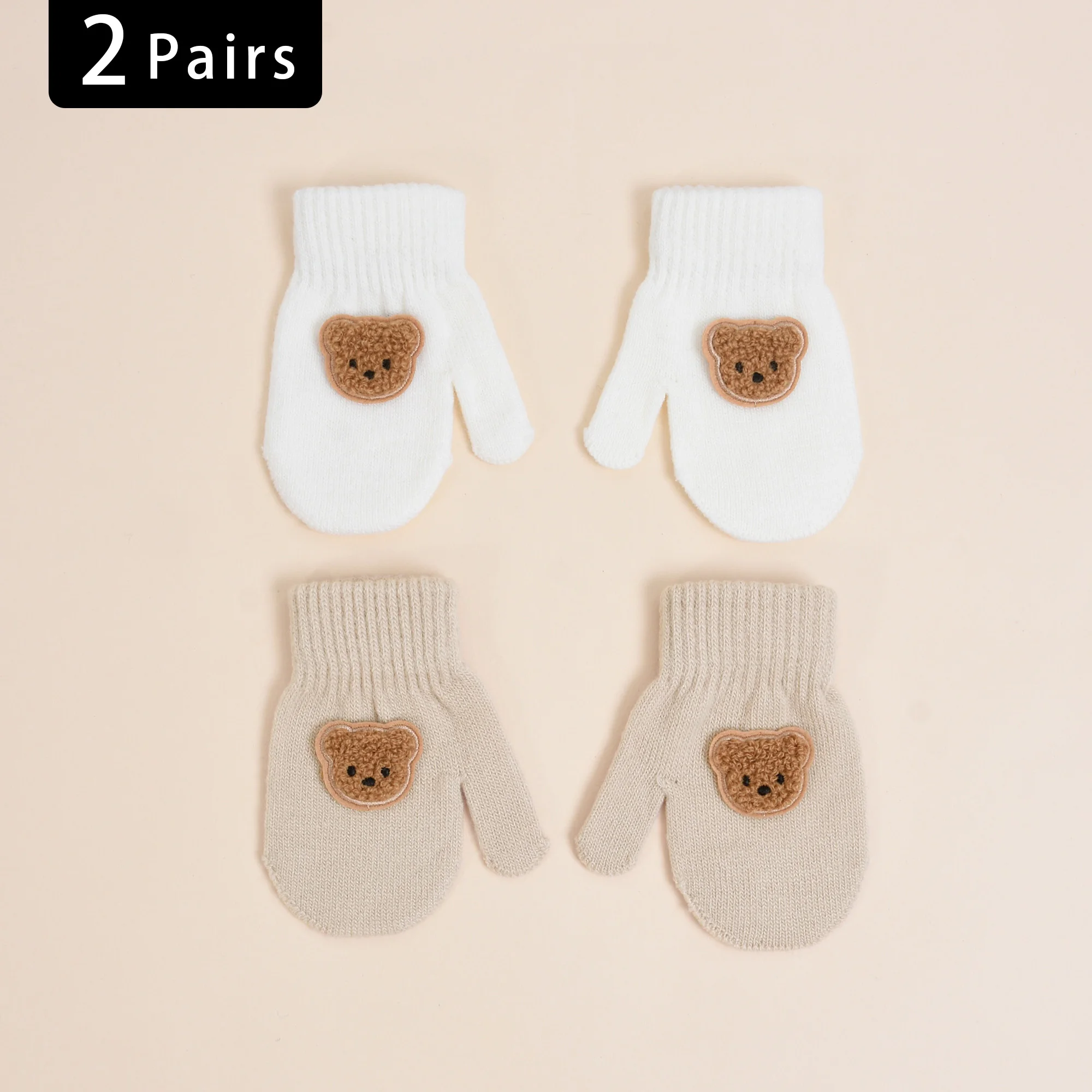 【2 Pairs】High-Elasticity Knitted Warm Gloves for Toddlers Aged 1-3 Years, Autumn and Winter, Cute Bear Fingerless Gloves for Babies/Children, Anti-Scratch and Anti-Bite, Suitable for Daily Casual Wear and Winter Cold Protection Single-Layer Gloves