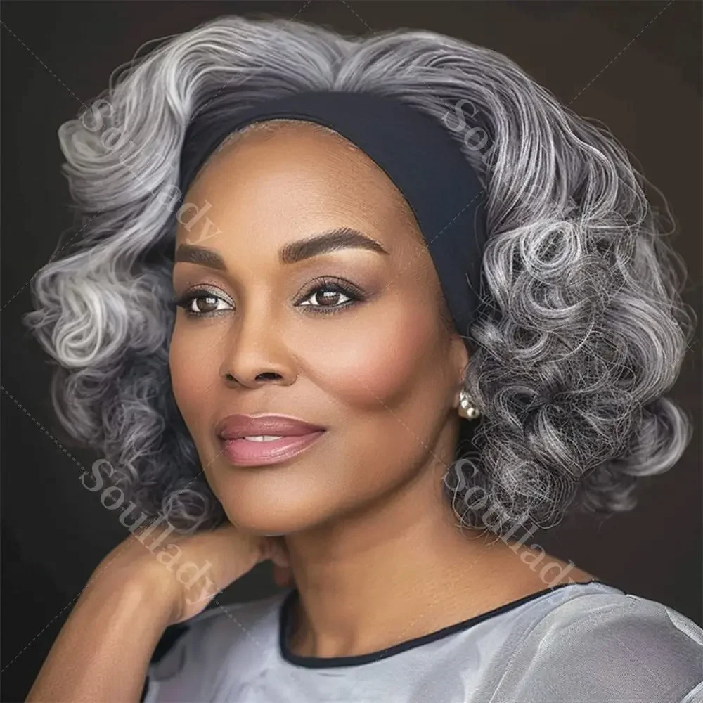 

shestina Salt And Pepper Wigs Grey Silver Body Wave Headband Short Bob Human Hair Wigs For Seniors for Black Women Brazilian