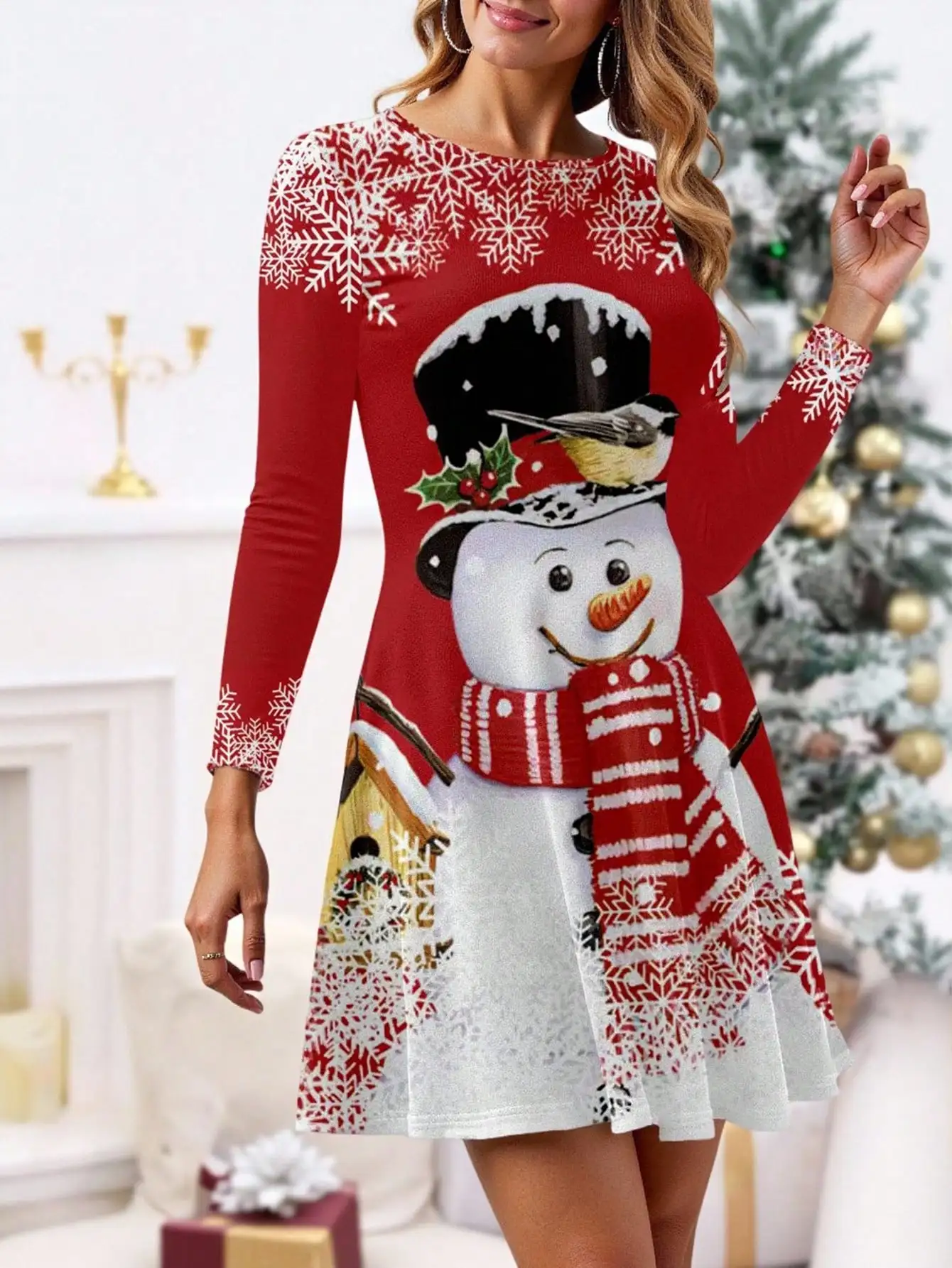 

Женское платье А-силуэта с длинными рукавами и принтом снеговика, круглый вырез, праздничная одежда для вечеринок