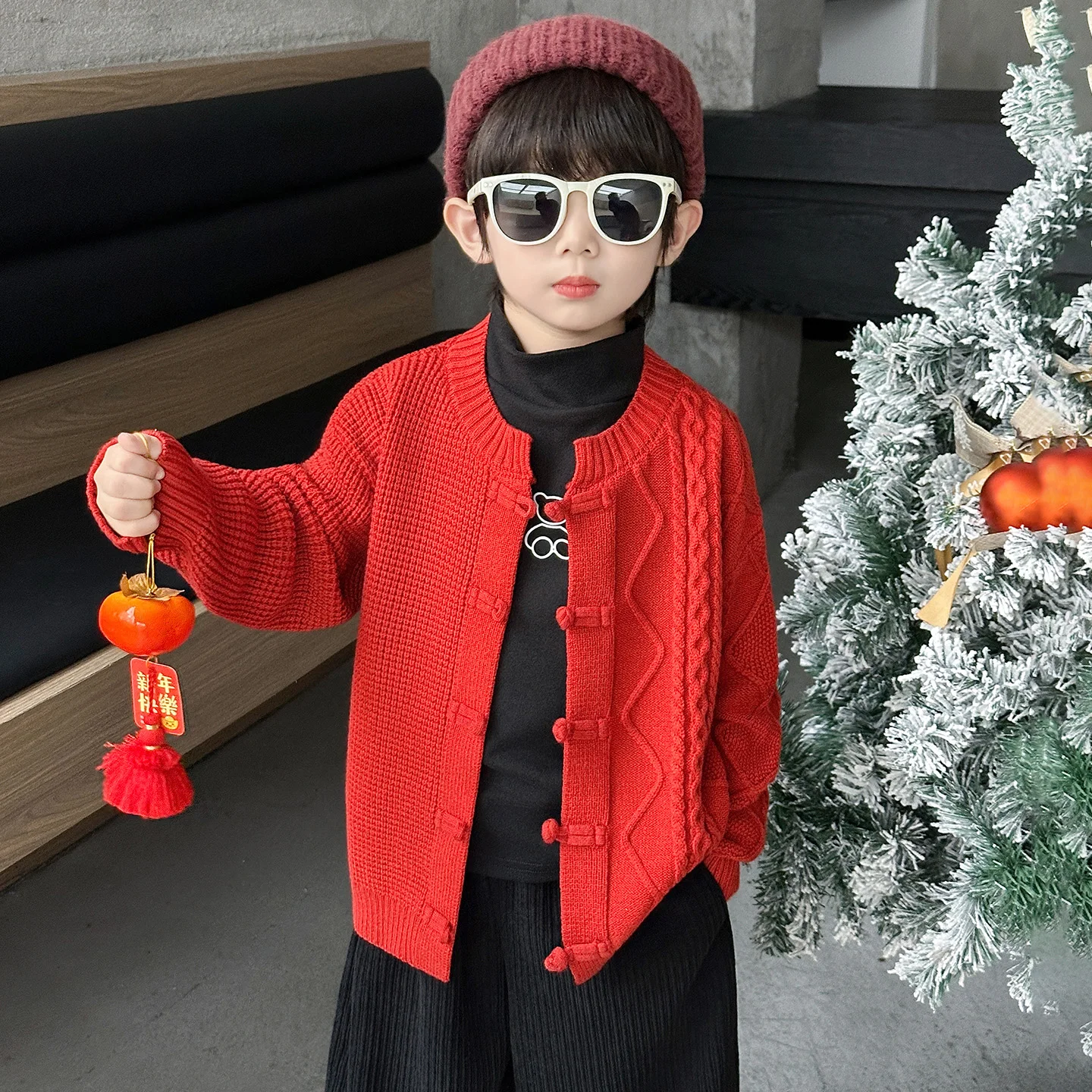 

Chinese Sle Knitted Sweater for Boys Red New Year Clothes Baby Tang Suit Top Knitted Base irt Children's Clothing Knitwear