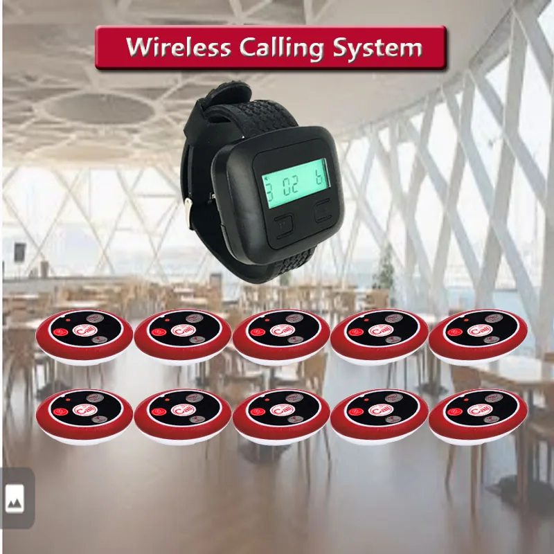 

QWICALL Wireless Restaurant Calling System 1 Watch Receiver Pager 10 Waiter Table Button Bell Transmitters for Clinic Cafe